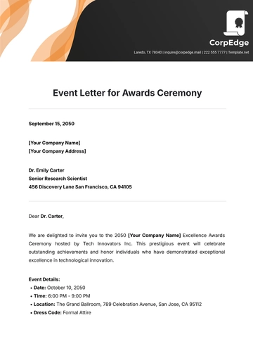 Free Event Letter  for Awards Ceremony Template to Edit Online