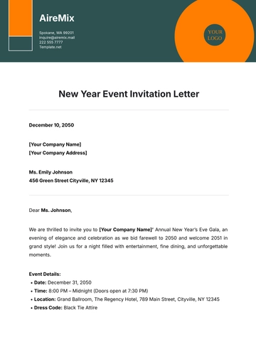 Free New Year Event Invitation Letter Template to Edit Online