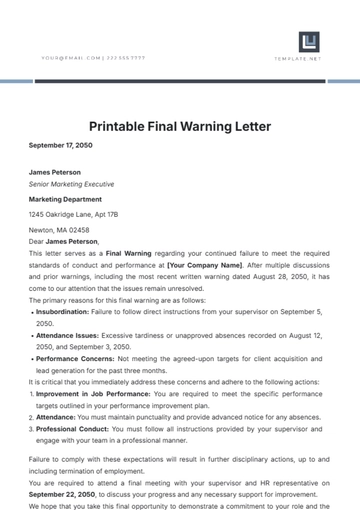 Free Printable Final Warning Letter Template to Edit Online