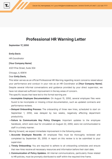 Free Professional HR Warning Letter Template to Edit Online