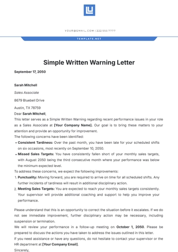 Free Simple Written Warning Letter Template to Edit Online