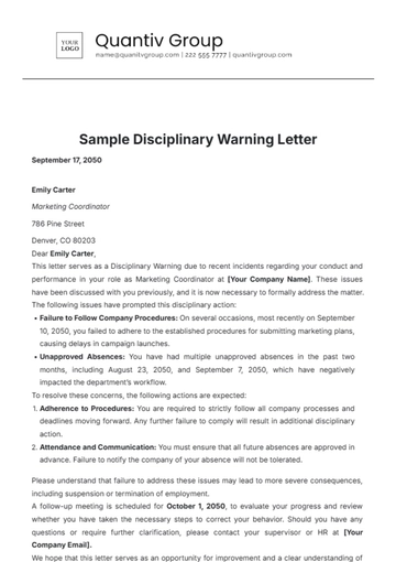 Free Sample Disciplinary Warning Letter Template to Edit Online