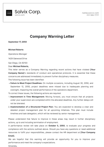 Free Company Warning Letter Template to Edit Online
