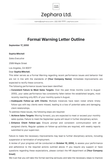 Free Formal Warning Letter Outline Template to Edit Online