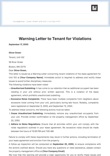 Free Warning Letter to Tenant for Violations Template to Edit Online