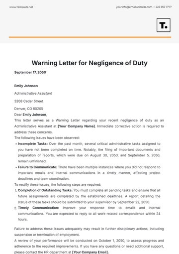 Free Warning Letter to Employee for Negligence of Duty Template to Edit Online