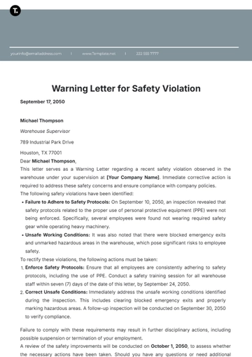 Free Warning Letter for Safety Violation Template to Edit Online