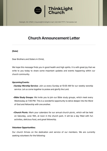 Free Church Announcement Letter Printable Template to Edit Online