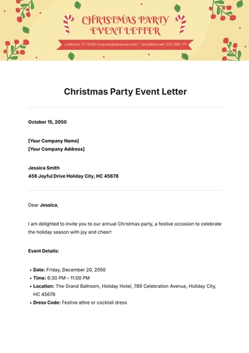 Free Christmas Party Event  Letter Template to Edit Online