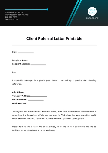 Free Client Referral Letter Printable Template to Edit Online