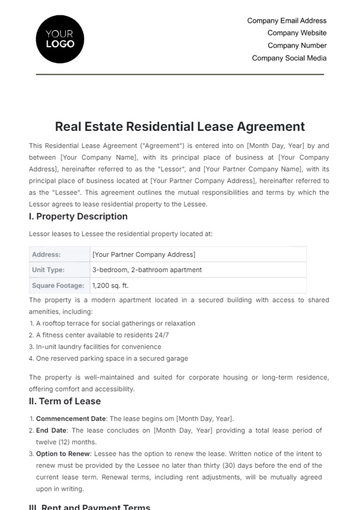 Free Real Estate Residential Lease Agreement Template to Edit Online