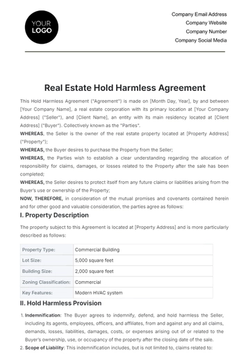 Free Real Estate Hold Harmless Agreement Template to Edit Online