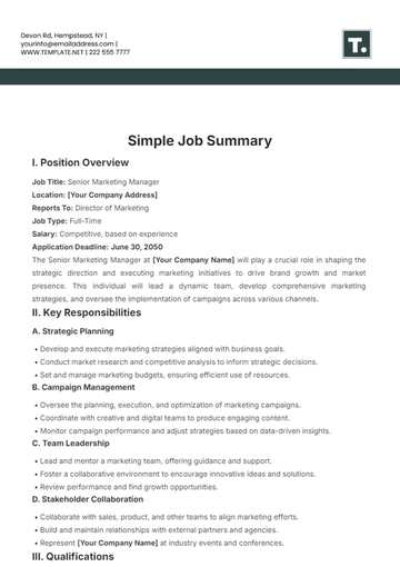 Free Simple Job Summary Template to Edit Online