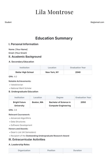 Free Education Summary Template to Edit Online