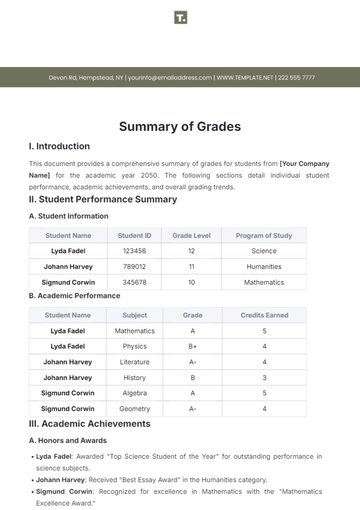 Free Summary of Grades Template to Edit Online
