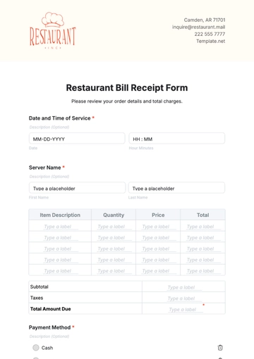 Free Restaurant Bill Receipt Form Template to Edit Online