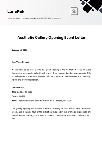 Free Aesthetic Gallery Opening Event  Letter Template to Edit Online