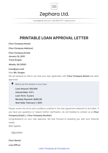 Free Printable Loan Approval Letter Template to Edit Online