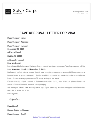 Free Leave Approval Letter for Visa Template to Edit Online