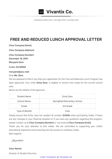 Free Free and Reduced Lunch Approval Letter Template to Edit Online