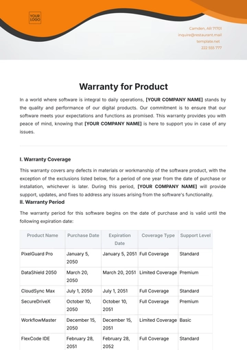 Free Warranty for Product Template to Edit Online