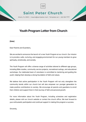 Free Youth Program Letter from Church Template to Edit Online