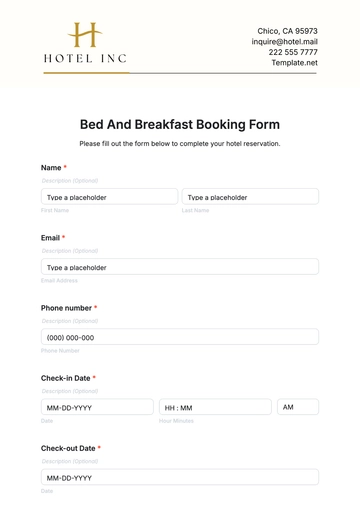 Free Bed and Breakfast Booking Form Template to Edit Online