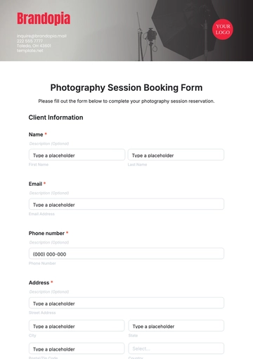 Free Photography Session Booking Form Template to Edit Online