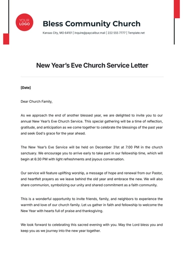 Free New Year???s Eve Church Service Letter Template to Edit Online