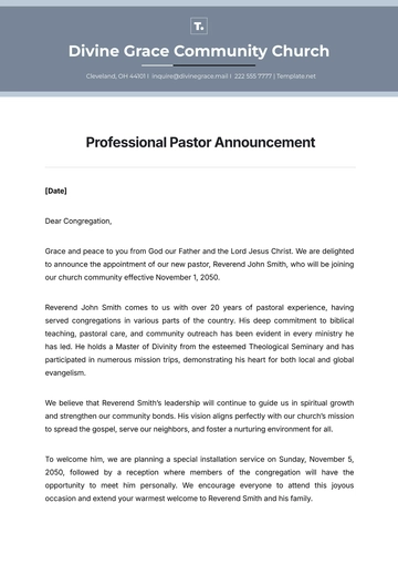 Free Professional Pastor Announcement Letter Template to Edit Online