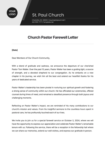 Free Church Pastor Farewell Letter Template to Edit Online
