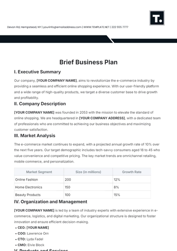 Free Brief Business Plan Template to Edit Online