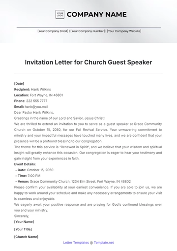 Free Invitation Letter for Church Guest Speaker Template to Edit Online