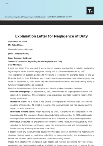 Free Explanation Letter for Negligence of Duty Template to Edit Online