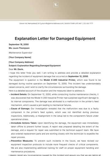 Free Explanation Letter for Damaged Equipment Template to Edit Online