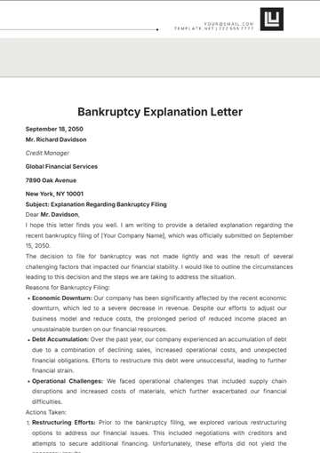 Free Bankruptcy Explanation Letter Template to Edit Online