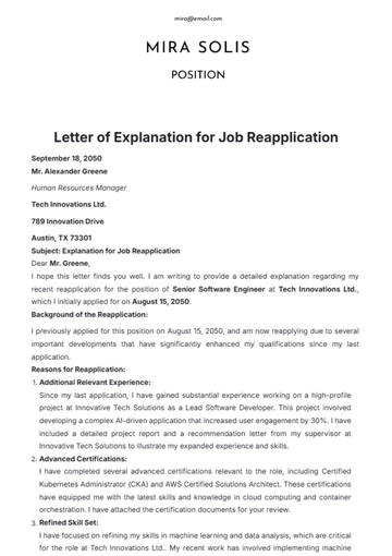 Free Letter of Explanation for Job Reapplication Template to Edit Online