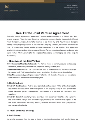 Free Real Estate Joint Venture Agreement Template to Edit Online