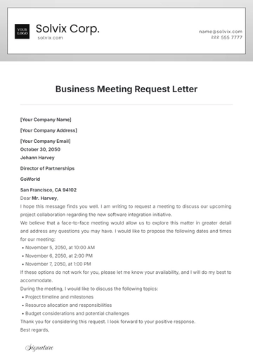 Free Business Meeting Request Letter Template to Edit Online