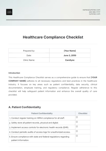 Free Healthcare Compliance Checklist Template to Edit Online