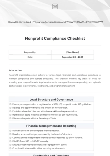 Free Nonprofit Compliance Checklist Template to Edit Online