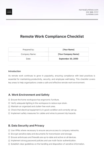 Free Remote Work Compliance Checklist Template to Edit Online