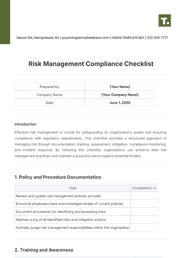 Free Risk Management Compliance Checklist Template to Edit Online