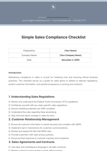 Free Simple Sales Compliance Checklist Template to Edit Online
