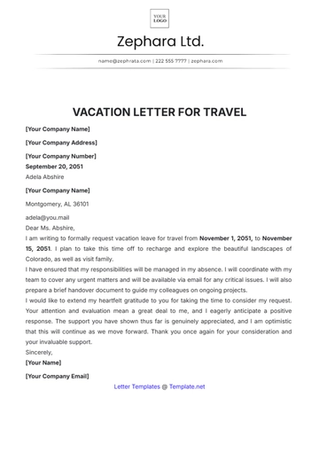 Free Vacation Letter for Travel Template to Edit Online