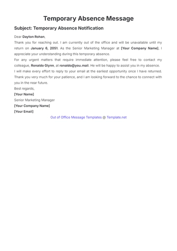 Free Temporary Absence Message Template to Edit Online