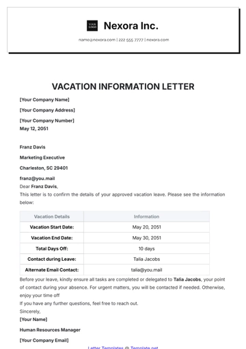 Free Vacation Information Letter Template to Edit Online