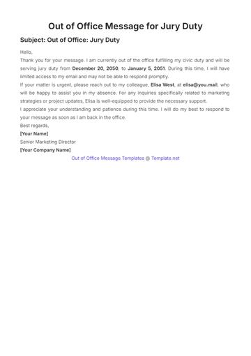 Free Out of Office Message for Jury Duty Template to Edit Online