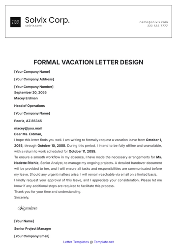 Free Formal Vacation Letter Design Template to Edit Online