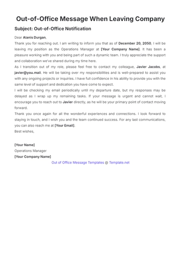 Free Out of Office Message When Leaving Company Template to Edit Online